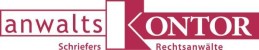 Logo mit Text "anwalts" und "ONTOR" sowie "Schriefers" und "Rechtsanwälte" in Rot- und Weißtönen.