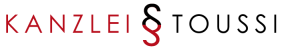 Der Logo-Entwurf für "Kanzlei Toussi" mit rotem und schwarzem Design, das den Namen und ein stilisiertes Symbol kombiniert.