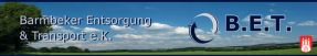 Landschaft mit blauer Himmel und Wolken, Logo und Name der Barmbeker Entsorgung & Transport e.K. auf einem Banner.