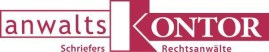 Logo mit Text "anwalts" und "ONTOR" sowie "Schriefers" und "Rechtsanwälte" in Rot- und Weißtönen.