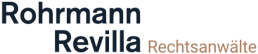 Logo mit dem Text "Rohrmann Revila Rechtsanwälte" in dunklem Blau und Braun.