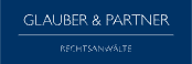 Blauer Hintergrund mit weißen Texten, die "Glauber & Partner" und "Rechtsanwälte" anzeigen.