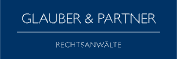 Blauer Hintergrund mit weißen Texten, die "Glauber & Partner" und "Rechtsanwälte" anzeigen.
