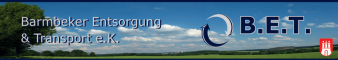 Landschaft mit blauer Himmel und Wolken, Logo und Name der Barmbeker Entsorgung & Transport e.K. auf einem Banner.
