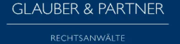 Glauber & Partner Rechtsanwälte, blauer Hintergrund, weißer Text