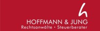 Roter Hintergrund mit weißem Text: "Hoffmann & Jung, Rechtsanwälte, Steuerberater"