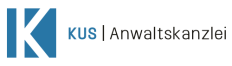 Logo der KUS Anwaltskanzlei mit blauer K-Form und schwarzem Text