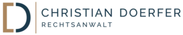 Logo mit Text: "Christian Doerfer Rechtsanwalt" in dunklem Blau, mit goldener und blauer vertikaler Linie.