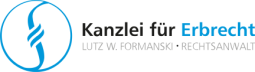 Logo der Kanzlei für Erbrecht mit einem blauen Symbol und schwarzem sowie blauem Text.