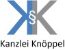 Logo der Kanzlei Knöppel mit blauen und grauen Buchstaben K, K, und einem Paragraphen-Symbol in der Mitte.