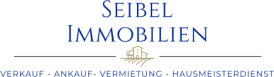 Schriftzug "Seibel Immobilien" in blauer Schrift auf schwarzem Hintergrund, mit goldener Haus- und Schlüssel-Illustration.