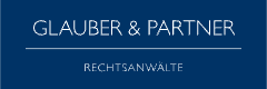 Blauer Hintergrund mit weißen Texten, die "Glauber & Partner" und "Rechtsanwälte" anzeigen.