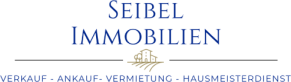 Schriftzug "Seibel Immobilien" in blauer Schrift auf schwarzem Hintergrund, mit goldener Haus- und Schlüssel-Illustration.