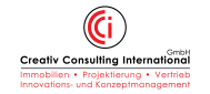 Logo mit rotem "C" und "i" in einem Kreis, darunter die Wörter "Immobilien", "Projektierung", "Vertrieb" und "Innovations- und Konzeptmanagement" in roter Schrift.