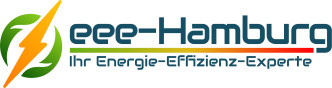 Energie-Logo mit Blitzsymbol, grünen und orangefarbenen Elementen, und dem Text "eco-Hamburg Ihr Energie-Effizienz-Experte"