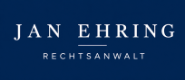 Logo mit dem Text "Jan Ehring" und "Rechtsanwalt" auf dunkelblauem Hintergrund.
