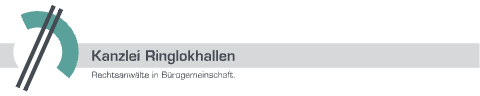 Logo der Kanzlei Ringlokhallen mit stilisiertem türkisfarbenem Bogen und grauem Schriftzug.