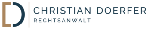 Logo mit Text: "Christian Doerfer Rechtsanwalt" in dunklem Blau, mit goldener und blauer vertikaler Linie.