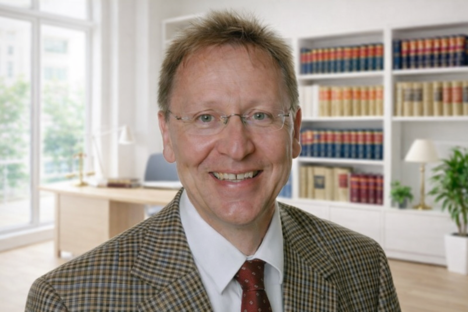 Lächelnder Mann in Anzug vor Bücherregal in einem Büro.